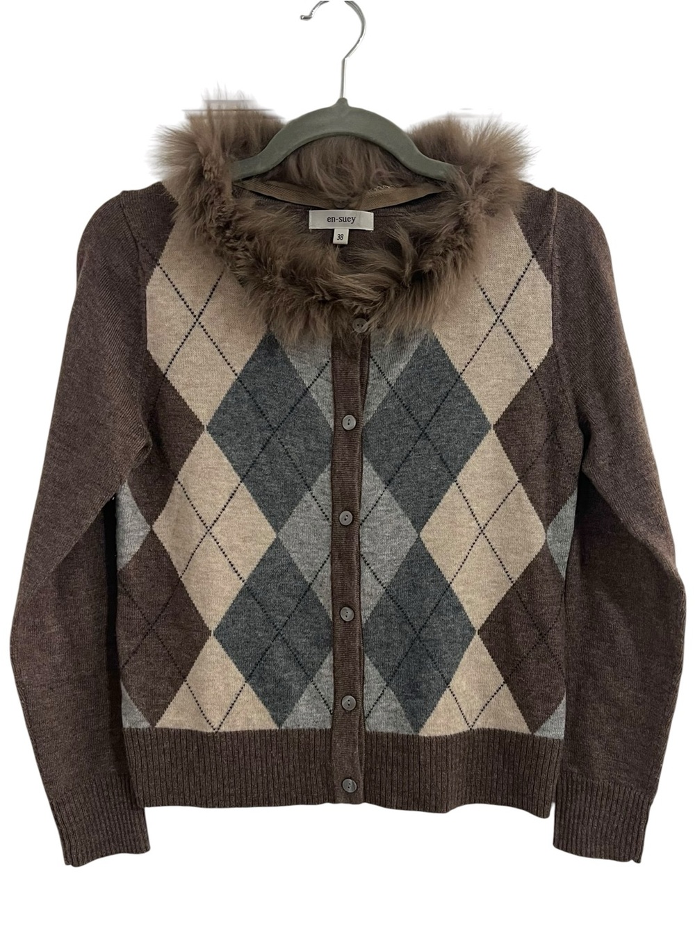 Vintage Argyle Wool Knit Cardigan with Removable Faux Fur Trim